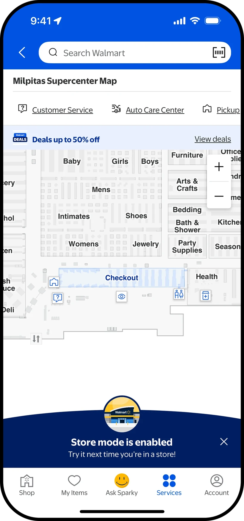 Walmart app store map studied during feature exploration
