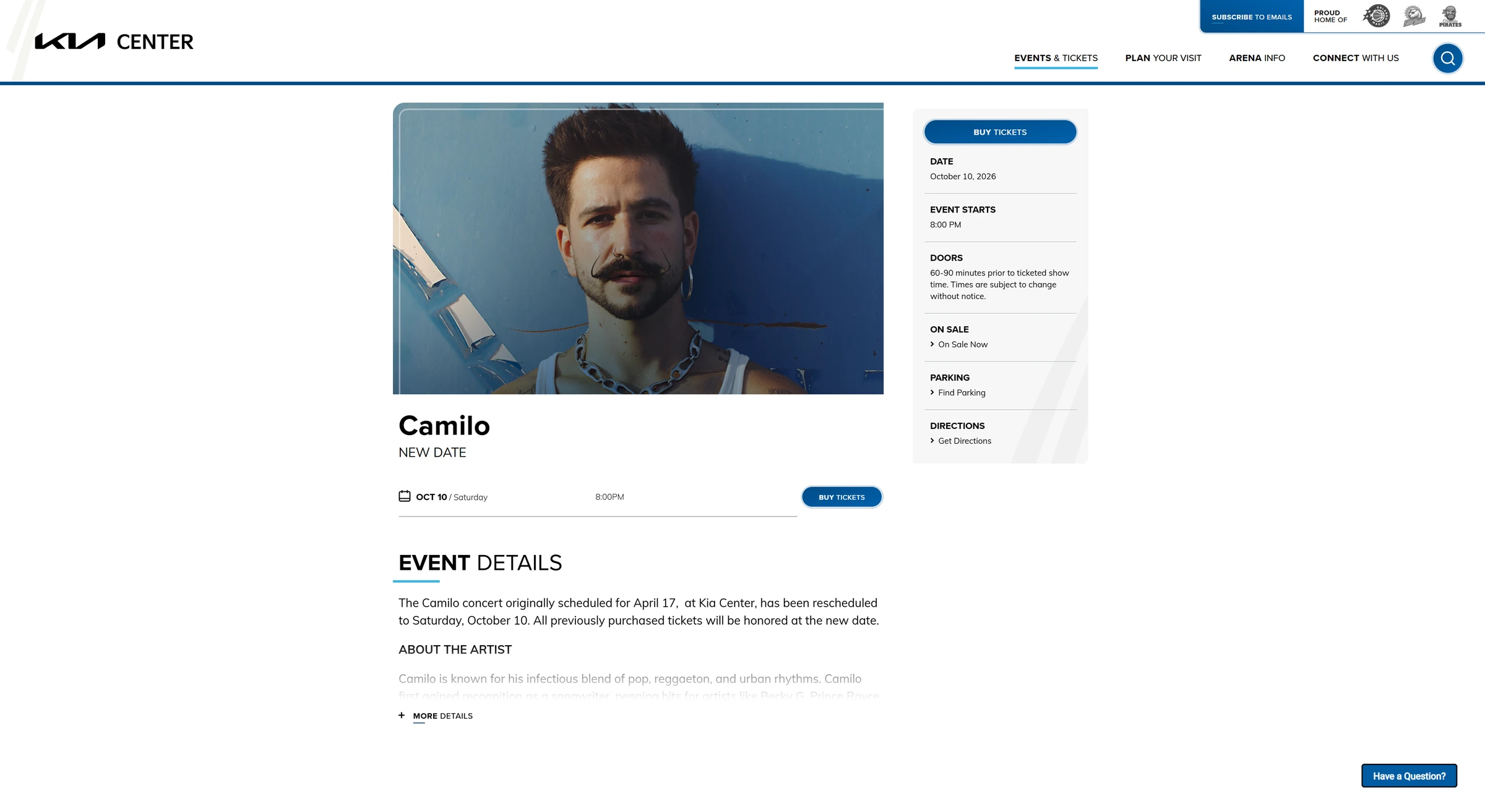 The original Kia Center event page for the Camilo show