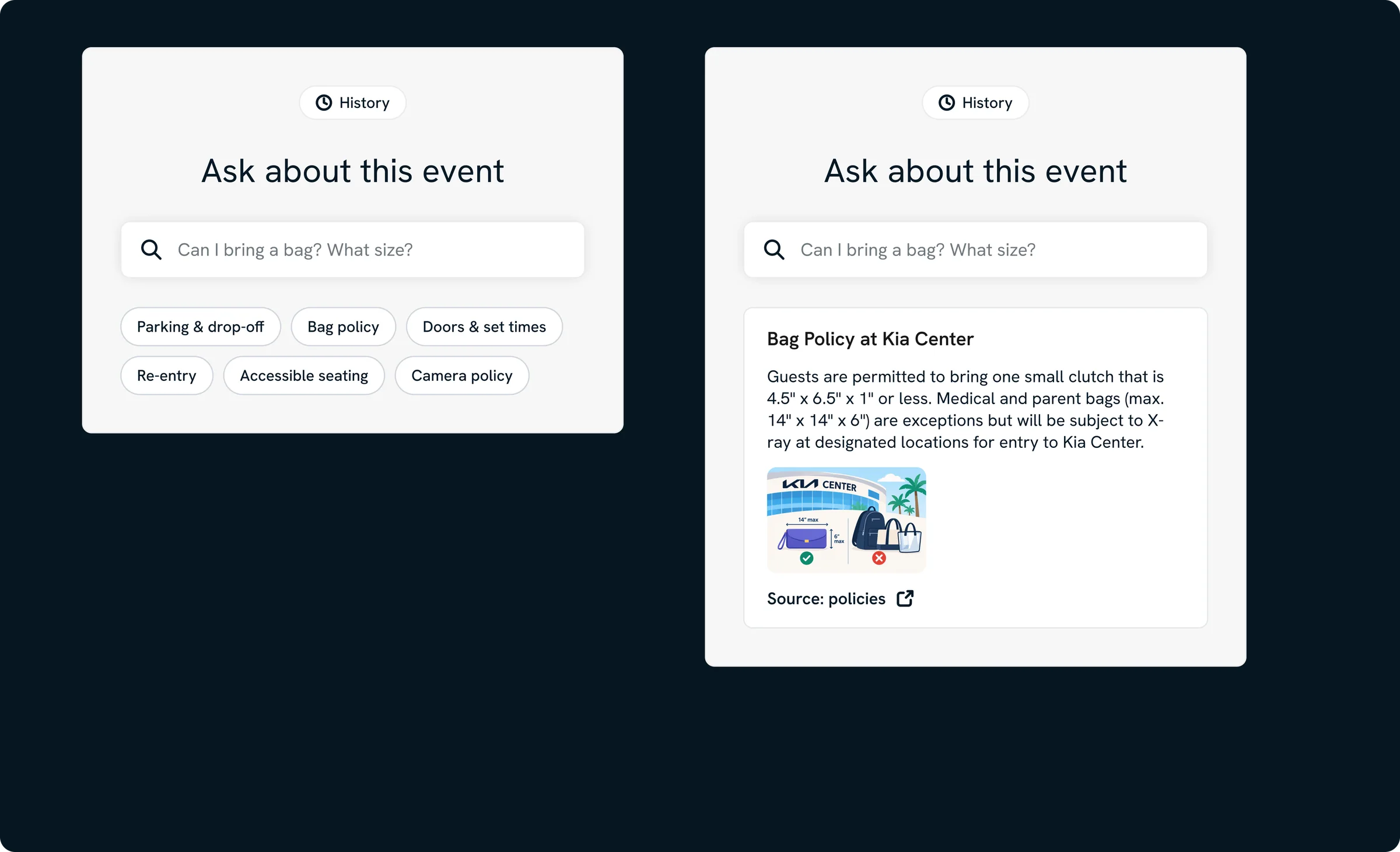 Smart search prototype showing a bag policy answer with an image from the official venue page attached