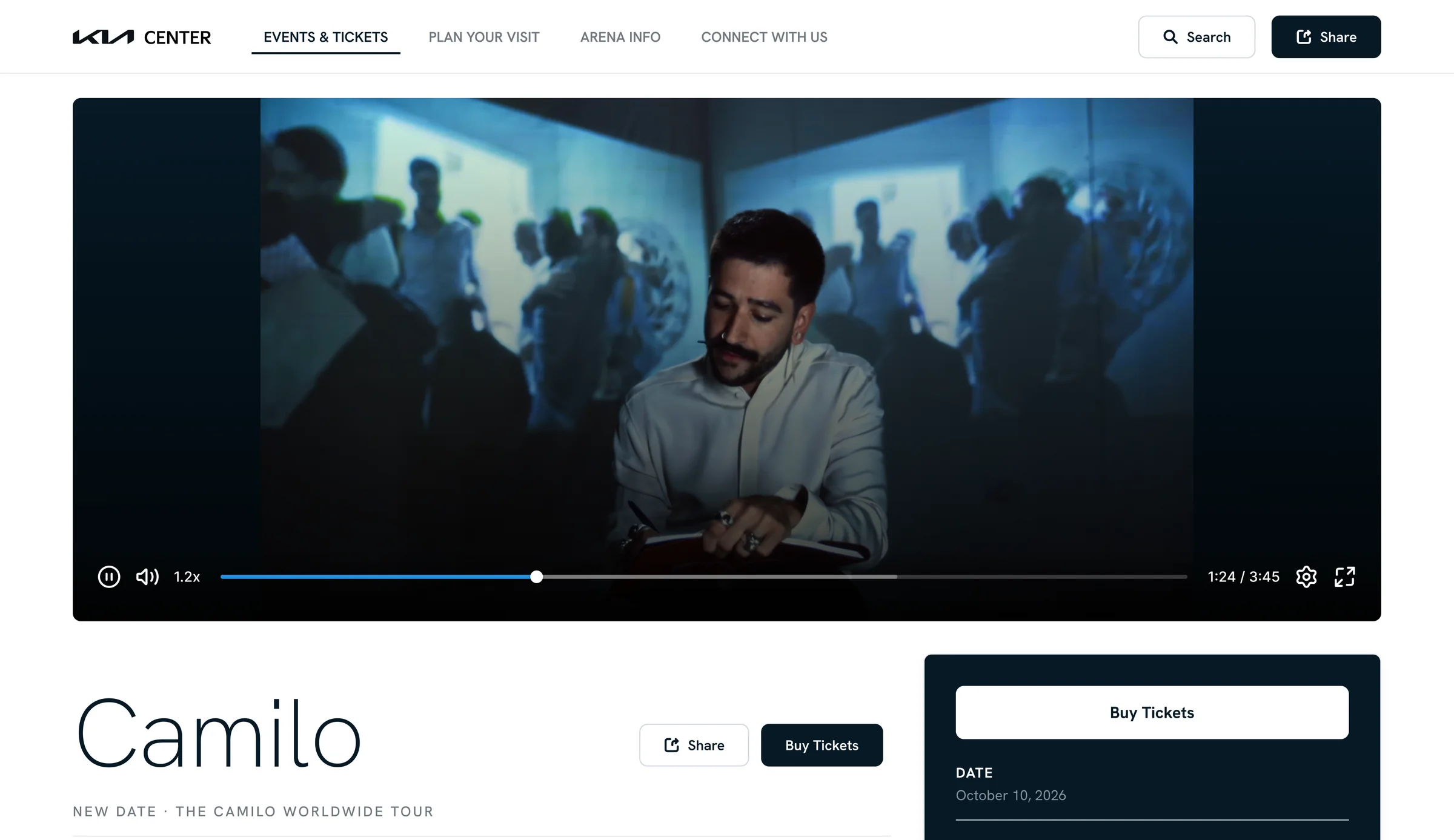 Mockup of the Kia Center event page with a video playing in the hero slot
