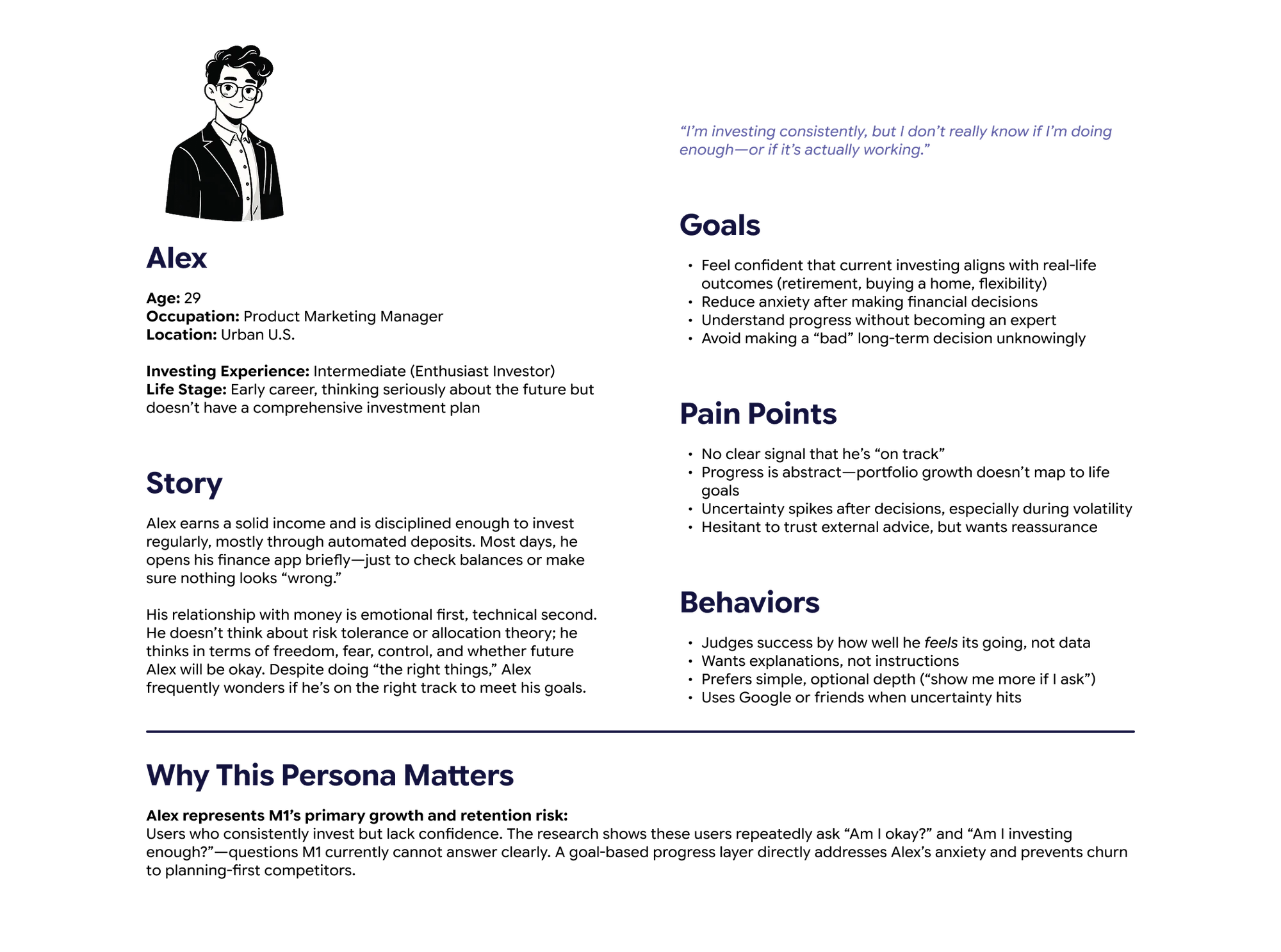 Persona: Alex, 29, Product Marketing Manager, intermediate investor